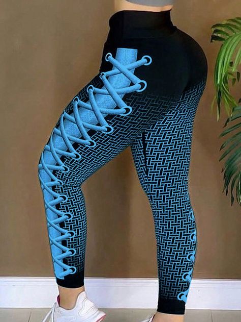 Azul Casual Collar  Tela tejida Color combinado,Geométrico,Gráfico,Letras,Estampado Integral Normal Embellished Elástico Alto Rosé Summer, High Waist Sports Leggings, Slim Fit Top, Geometric Graphic, Plus Size Leggings, Print Leggings, Geo Print, Casual Black, Kids Beachwear