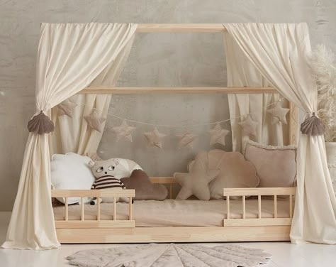 Baby Pink Tulle Canopy, Customized Montessori Bed Canopy, Montessori Bed Curtains, House Bed Curtains, Crib Canopy for Bed Frame - Etsy Canopy Over House Bed, Toddler Bed Girl Ideas, Toddler Girl Bed, Toddler Canopy Bed, Toddler Bed Canopy, Girl Toddler Bedroom, Toddler Bed Ideas, House Bed Canopy, Kids Bed Tent