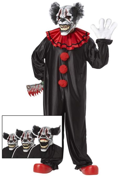 You can wear a bleeding killer clown costume. The costume can have combination of white and black lines on one side and black circles on other side. Evil Clown Costume, Scary Clown Costume, Halloween Costume Design, Creepy Halloween Costumes, Clown Halloween Costumes, Clown Clothes, Clown Shoes, Scary Halloween Costume, Scary Halloween Costumes