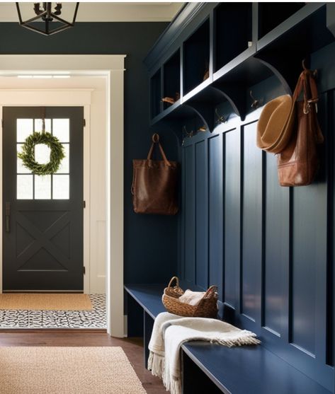 Dark Blue Mudroom, Blue Mudroom, Mudroom Design Ideas, Wall Mudroom, Kitchens Cabinets, Mudroom Design, Hook Wall, Shoe Shelf, Cozy Decor