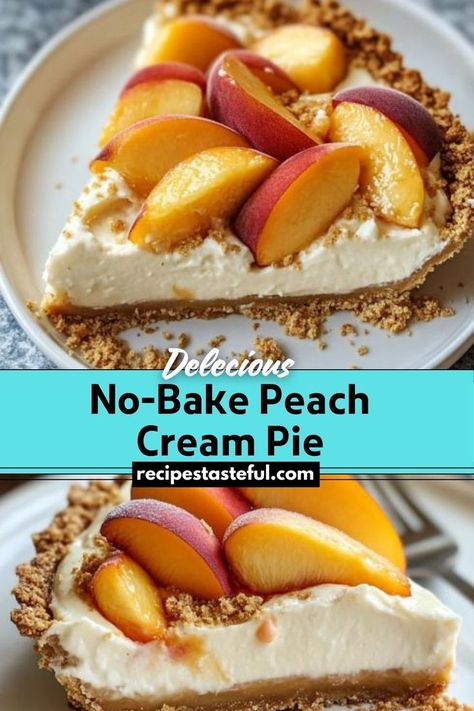 A refreshing summer dessert with layers of juicy peaches, a creamy filling, and a buttery graham cracker crust. Peach Cream Pie, Peaches And Cream Pie, Peach Pie Filling, Graham Cracker Crust Pie, Baked Peach, Cream Pie Recipes, Peach Cream, Peach Pie, Peaches Cream