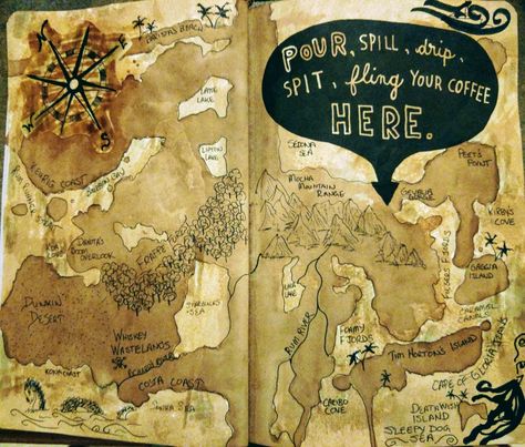 Coffee land fantasy map Fantasy Map Painting, Fantasy Map Drawing With Rice, Diy Fantasy Map With Rice, Fantasy Map Drawing Rice, Coffee Map Art, Coffee Spill Painting, Spilled Coffee, Journal Project, Wreck This Journal