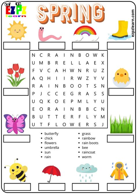 Spring Season Vocabulary Word Search and Match the Words Activity for Kids and English Language Learners - Ezpzlearn.com Season Worksheet, Spring Worksheets, Holiday Word Search, Spring Word Search, Spring Vocabulary, Seasons Worksheets, Spring Worksheet, Spring Words, English Worksheets For Kids