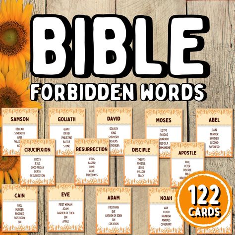 Bible Forbidden Words Printable - Bible Games Unleash the joy and camaraderie at your gatherings with our lively, Christian Forbidden words game - 122 Printable Cards Join in the fervor of this stimulating, giggles-guaranteed game where players take turns acting out Bible-related prompts while refraining from using the Forbidden Words words. The adrenaline surge as players beat the clock, and the challenge to convey clues without verbalizing, guarantees a hoot of a time. The fun packed into each round also helps broaden biblical understanding. Ideal for get-togethers, Bible study sessions, or family game nights, these adaptable and engaging cards are an excellent means to enhance creativity, interaction skills, and biblical fluency. Our instant download feature ensures that the game is rea Sunday School Games, Church Games, Bible Games, Women's Ministry, Christian Kids, Christian Printables, Bible Facts, School Games, Family Game