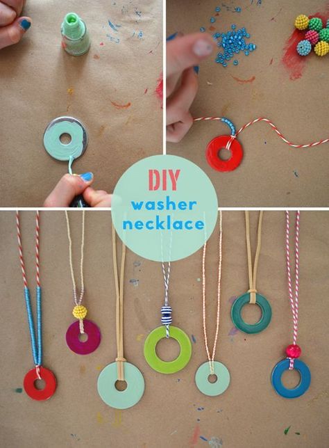 DIY washer necklaces – kid’s summer craft – handmade jewelry with nail polish | art bar for small for big Diy Washer Necklace, Washer Necklaces, Washer Jewelry, Play Kitchens, Summer Craft, Vbs Crafts, 강아지 그림, Summer Crafts For Kids, Operation Christmas Child