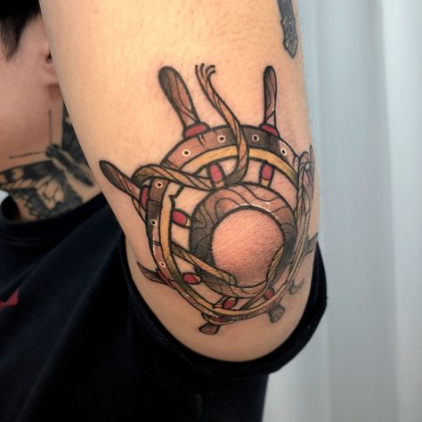 American Traditional Ship Wheel Tattoo, Ship Helm Tattoo, Rudder Tattoo, Traditional Pirate Tattoo, Elbow Tattoo Men, Traditional Elbow Tattoo, Sextant Tattoo, Helm Tattoo, Small Traditional Tattoo