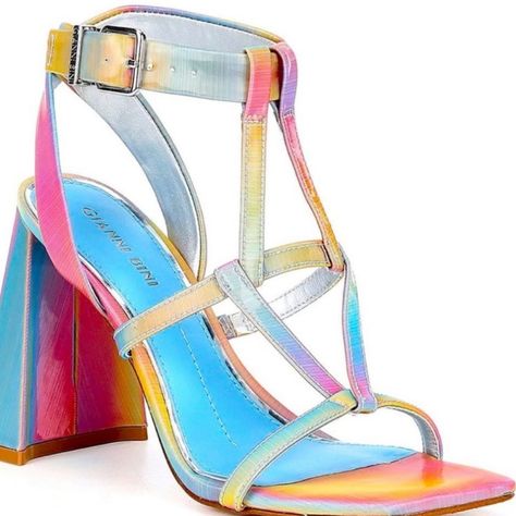 Rainbow Heels, Bling Sandals, Ankle Strap Block Heel, Square Toe Sandals, High Leather Boots, Gianni Bini Shoes, Silver Sandals, Black Leather Ankle Boots, Gianni Bini