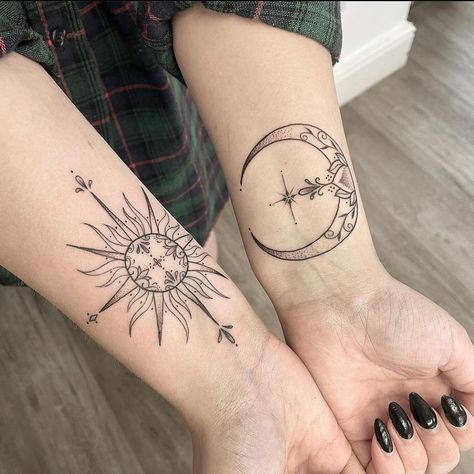 40  Sun and Moon Tattoo Ideas with Meanings Sun Moon Hand Tattoo, Sun And Moon Tattoo Matching Couple, Matching Moon And Sun Tattoos, Sun And Moon Tattoo Matching Best Friends, Man In The Moon Tattoo, Sun Moon Rising Tattoo, Sun And Moon Couple Tattoo, Simple Sun And Moon Tattoo, Sun And Moon Matching Tattoos