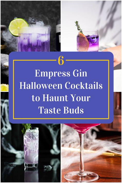 Collage of 4 empress gin halloween cocktails. Gin And Juice Recipe, Halloween Punch Alcohol, Gin Rickey Recipe, Gin Punch Recipe, Empress Gin Cocktail, Easy Halloween Cocktails, Pomegranate Gin, Empress Gin, Halloween Alcohol