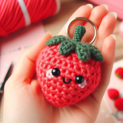 Learn how to crochet an adorable strawberry keychain with this easy step-by-step guide. Perfect for beginners and a great handmade gift! Strawberry Pattern Crochet, Crochet Strawberry Keychain Pattern Free, Small Strawberry Crochet Pattern, Mini Strawberry Crochet Pattern, Strawberry Crochet Keychain, Strawberry Amigurumi, Crochet Strawberry Keychain, Strawberry Bag Charm Crochet Tutorial, Crochet Strawberry Openable Keychain