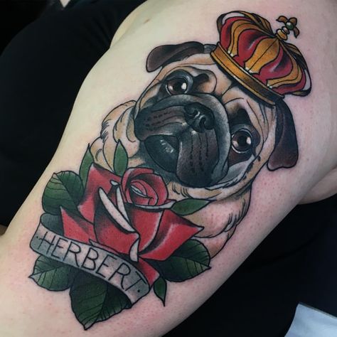 • HERBERT • the pug for Melanie. Thanks for trusting me with your first tattoo and for getting this on your travels💪🏻 done… Cute Pug Tattoo, Pug Flash Tattoo, Pug Dog Tattoo Design, Pug Dog Tattoo, Pug Portrait Tattoo, Ny Tattoo, Tattoo Banner, Luna Tattoo, Dog Portrait Tattoo