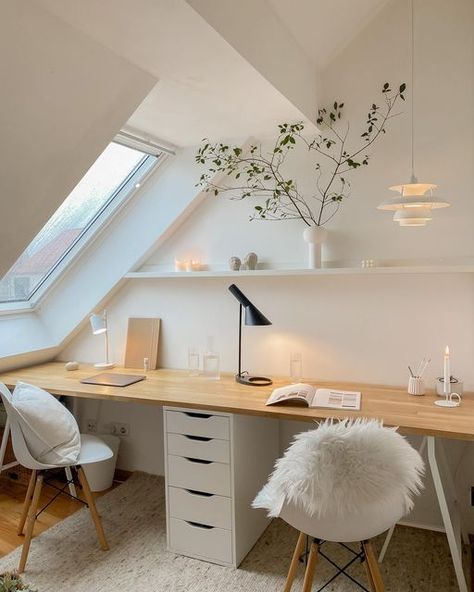 Double Home Office, Attic Office, Loft Office, Home Office Inspiration, Loft Room, Home Office Setup, Home Office Space, A Desk, Home Office Design