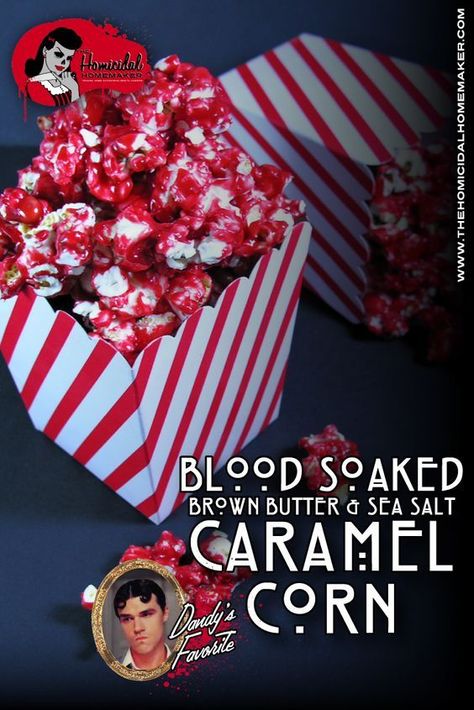 Recipe for American Horror Story "Freak Show" inspired Blood Soaked Brown Butter & Sea Salt Caramel Corn. American Horror Story Party Ideas, Creepy Carnival Food Ideas, Horror Themed Halloween Party, Creepy Carnival Food, Freakshow Halloween Party, American Horror Story Party, Horror Party Ideas, Horror Movie Party Ideas, Carnevil Halloween Party