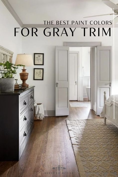 A round-up of taupe and gray trim paint inspirations for a modern-meets-classic look and the best paint colors to pull it off. White Walls And Gray Trim, White Walls Grey Trim Living Room, White Walls And Grey Trim, White Wall Gray Trim, Soft Grey Colour Palette, White Wall Grey Trim, Light Grey Walls With Dark Grey Trim, White Walls With Gray Trim, Dark Grey Trim Interior