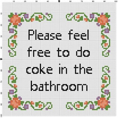 Please Dont Do Coke In The Bathroom Cross Stitch Pattern, 7x7 Pixel Art, Coke Cross Stitch, Bathroom Cross Stitch, Counted Cross Stitch Patterns Free, Cross Stitch Quotes, Subversive Cross Stitch, Bathroom Modern, Cross Stitch Funny