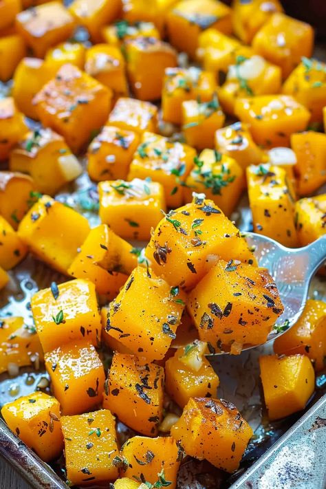 Roasted Butternut Squash Cubes, Spicy Potato Wedges, Savory Butternut Squash, Parmesan Squash, Butternut Squash Recipes Roasted, Butternut Squash Cubes, Baked Butternut Squash, Dessert Smoothie, Herb Recipes