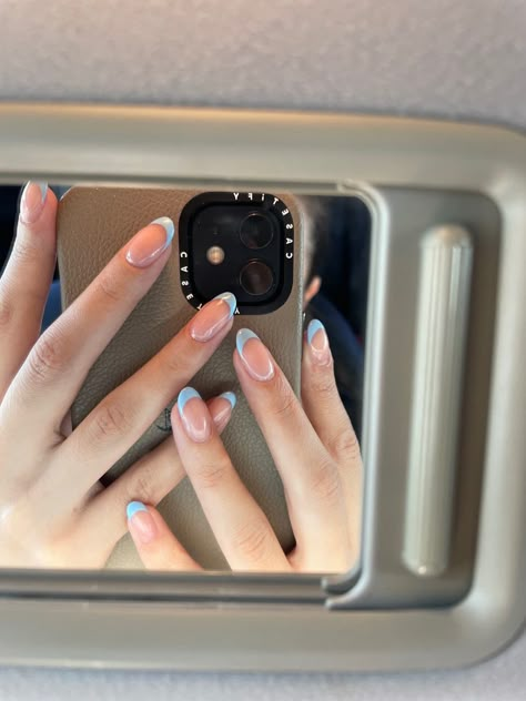 Pastel baby blue french tip Pastel Blue French Tips, Powder Blue French Tips, Nail Blue Pastel, Blue French Tip With Chrome, Nail Korean Style Blue, Baby Blue Nails French Tip, Blue Almond French Tip, Light Blue French Nails, Uñas Baby Blue