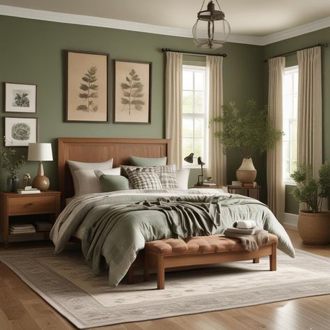 🌿🛌 Snug bedroom vibe! Wooden bed, sage walls, mix-match plaid & solid bedding. Comfy bench, cool wall lamps, greenery, rustic vase, art up top, chill curtains, & a laid-back rug. 🖼️💡🌱✨
#odastudioAI #odaAIstudio #odastudio

#bedroomdecor
#bedroomdesign
#bedroomideas
#bedroominspiration
#cozybedroom
#masterbedroom
#homedecor
#interiordesign
#bedroomstyling
#modernbedroom Dark Green Aesthetic Bedroom Accent Wall, Sage Green And Brown Bedroom, Sage Walls, Dream Architecture, Sage Bedroom, Solid Bedding, Comfy Bench, Relaxing Decor, Living Room Decor Neutral