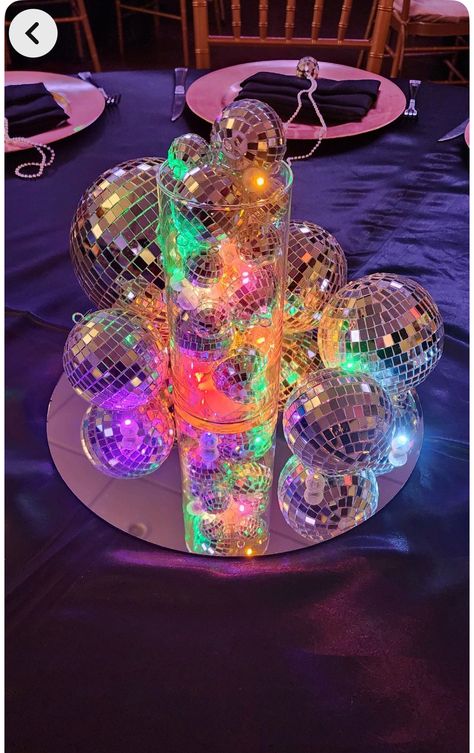 Mini Disco Ball Centerpiece, Disco Birthday Party Centerpieces, Modern Disco Party Theme, Disco Dance Theme Decorations, Centerpieces For Grad Parties, Neon Prom Theme Centerpieces, Elegant Disco Theme Party, Dance Party Centerpieces, Neon Party Table Centerpieces