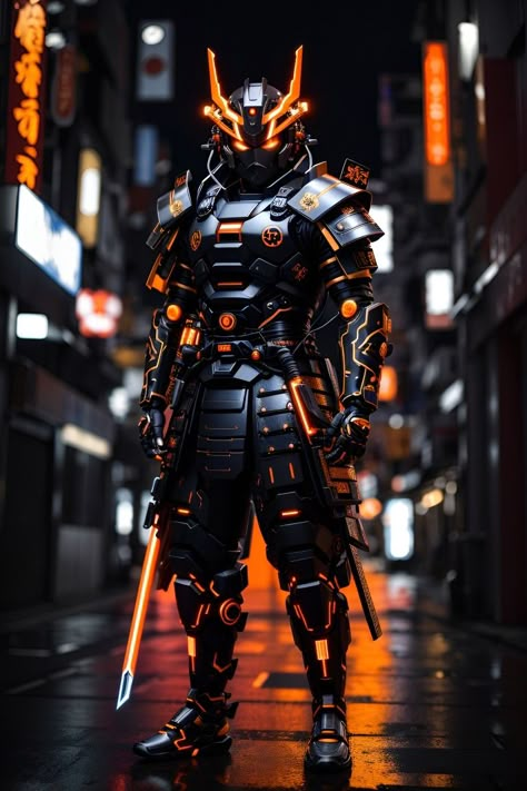 Futuristic Samurai, Samurai Concept, Aesthetic Notion, Warrior Concept Art, Samurai Wallpaper, Chinese Warrior, Orange Eyes, Night High, Samurai Artwork