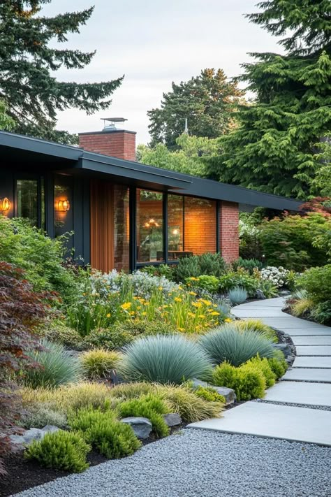 Landscape Mid Century Modern, Mid Mod Farmhouse, Mid Century Modern Garden Landscaping, Mountain Modern Landscaping, Mid Century Modern Landscape Front Yard, Mid Century Modern Curb Appeal, Midcentury Garden, Mid Century Modern Homes Exterior, Mid Century Modern Landscaping