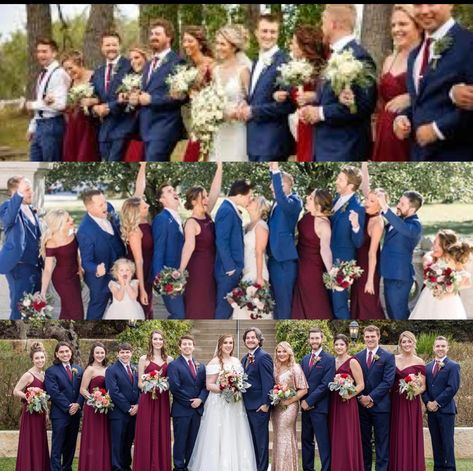 Navy Blue And Burgundy Tuxedo Wedding, Navy Burgundy Groomsmen, Maroon And Navy Groomsmen Attire, Groom Navy Blue Suit Burgundy Tie, Blue And Burgundy Suit, Burgundy Bridesmaid And Navy Groomsmen, Blue Tuxedo Wedding, Silver Wedding Theme, Navy Blue Tuxedos