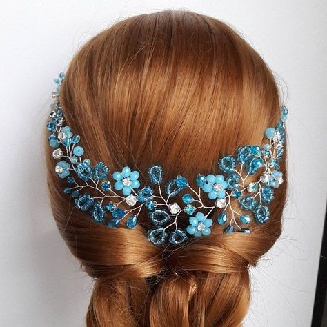 Bridal Hair Brooch, Something Blue For Bride, Blue Headpiece, Blue Wedding Hair, Mermaid Headband, Hair Brooch, Crystal Hair Vine, Wedding Hair Piece, Beach Wedding Hair