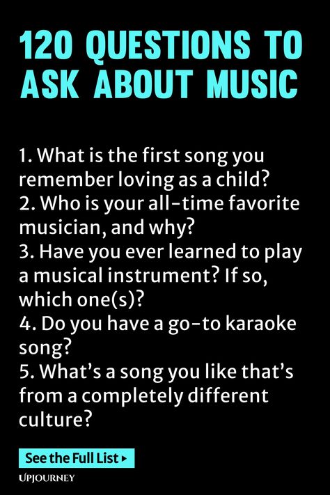 Explore the world of music with these 120 thought-provoking questions! Perfect for sparking conversations, deepening your passion for music, and discovering new perspectives. Whether you're a music lover or a musician, these questions will ignite your curiosity and creativity. Add this list to your next game night or use it as a fun way to connect with friends and family. Grab this pin now and start exploring the endless possibilities of discussing music! Song Association Game, Music Questions To Ask, Therapy Questions, Deep Questions To Ask, 21 Questions, Music Therapist, Friendship And Dating, Fun Questions To Ask, Music Do