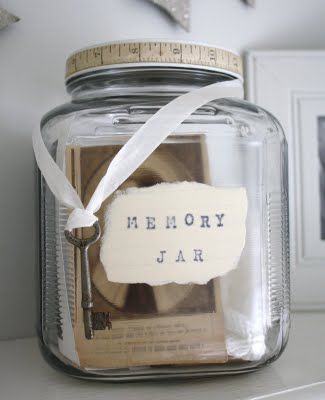 I stumbled upon this charming suggestion on Pinterest recently and wanted to share it with you.  I am going to find a suitable jar, decorate it prettily and round up the receipts, ticket stubs and … Memory Jars, Memory Jar, Jar Crafts, Happy Memories, Glass Jar, New Year's, New Years Eve, Making Ideas, Cute Gifts