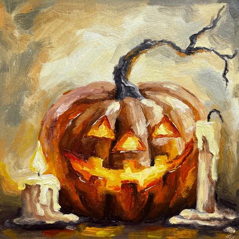 Pumpkin Oil Painting Halloween Pumpkin Impasto Original Art Candles Painting Food Original Fine Artwork Halloween Decor Still Life Painting Gift 6x6 THIS PAINTING IS MADE TO ORDER. The painting from picture is already SOLD. Your painting will be created very similar in same color, style, and size,but will not be the exact same painting but very similar. After you order, I will start to create your painting.For painting it will take about 3-4 days. For the painting to dry will take about 4-6 days Pumpkin And Ghost Painting, Pumpkins Oil Painting, Halloween Fall Paintings, Autumn Still Life Painting, Fall Halloween Painting Ideas, Pumpkin Oil Painting, Abstract Pumpkin Painting, Halloween Oil Pastel Art, Fall Oil Pastel Art