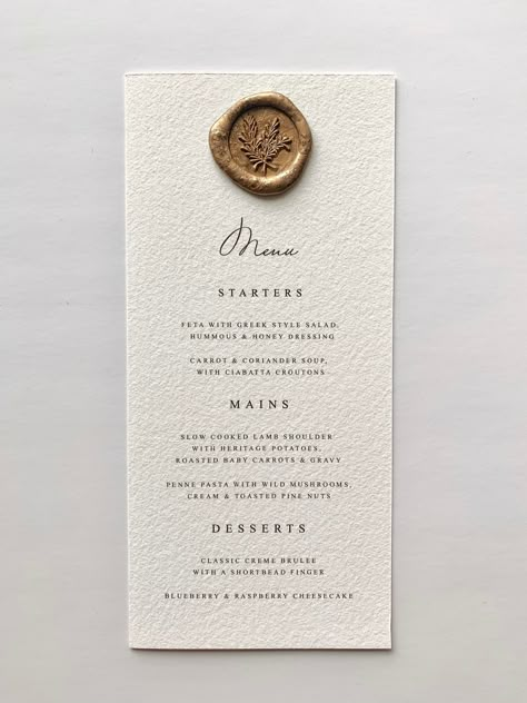 These wedding menus are printed onto 100% cotton paper and finished with a wax seal ORDERING: - Select the quantity you need from the drop down menu - Select the wax seal colour you would like from the drop down menu - Add to your basket and checkout Once you have placed your order please message me with your menu.  I will send you a digital proof of the menu for you to check before printing. Once you have ordered please allow 1-2 weeks for dispatch. If you require your menus' sooner, please giv Simple Wedding Menu, Simple Classic Wedding, Wax Seal Wedding, Wedding Menus Design, Wedding Food Menu, Elegant Wedding Menu, Menu Wedding, Wedding Menu Template, Wedding Place Settings