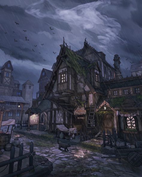 ArtStation - Seeker's Guide to Twisted Taverns: Poor Larry's, Paulo Loveranes Galamgam Dnd Backgrounds, Fantasy Village, Fantasy Town, Fantasy Worlds, Building Art, Fantasy City, Fantasy Setting, Fantasy Places, Modern Fantasy