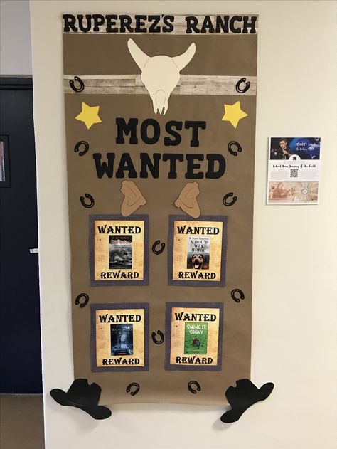 Most Wanted books Country Classroom Theme, Western Theme Door Decorating Ideas, Cowboy Bulletin Board Ideas, Wild West Classroom Door Ideas, Wild West Bulletin Board Ideas, Rodeo Themed Bulletin Board, Western Bulletin Board Ideas Cowboy Theme Back To School, Rodeo Classroom Theme Bulletin Boards, Classroom Cowboy Theme