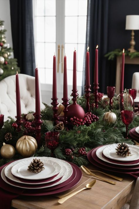 Black Red Table Setting, Thanksgiving Tablescapes Burgandy, Christmas Table Settings Red And Green, Burgundy Thanksgiving Decor, Burgundy Christmas Tablescape, Red And Silver Christmas Table Decor, Wine Red Christmas Decor, Burgundy Christmas Table Decor, Burgundy Thanksgiving Table