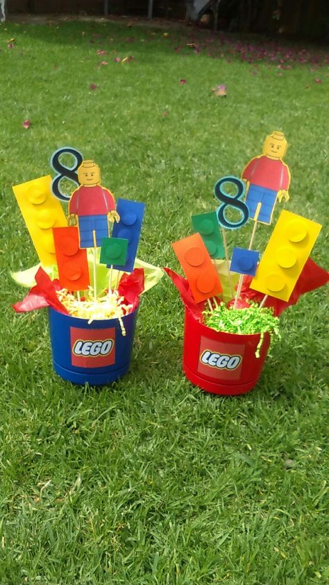 Lego centerpieces done by Ruby Olvera Lego Birthday Centerpieces Table Decorations, Lego Birthday Centerpieces, Lego Party Centerpieces Ideas, Lego Centerpiece Ideas, Lego Centerpieces, Lego Friends Birthday Party, Lego Party Decorations, Lego Friends Birthday, Lego Ninjago Party