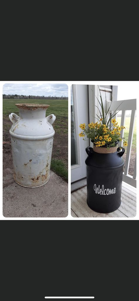 Flowers In Milk Can, Milk Container Ideas, Metal Milk Jug Ideas, Milk Jug Decor, Milk Jugs Diy, Antique Milk Jug, Metal Milk Jug, Milk Jug Crafts, Painted Milk Cans