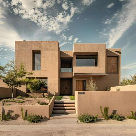 Experience the sophisticated elegance of this modern contemporary Pueblo-style home. Featuring smooth adobe walls, clean geometric lines, and large windows, this residence blends traditional Southwestern design with modern architectural elements. Minimalist desert landscaping enhances its serene ambiance, while the tiered entryway and expansive windows create a stylish living environment that integrates seamlessly with the natural surroundings. Desert Oasis Architecture, Modern Mexican Architecture, Simple Elevation Design, Pueblo Architecture, Southwest Architecture, Modern Desert Home, Hillside Villas, Desert Architecture, Brutalism Architecture