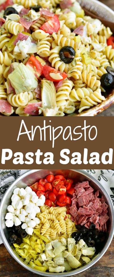 Antipasto Pasta Salad is loaded with salami, mozzarella, black olives, artichokes, pepperoncini peppers, and cherry tomatoes. Vibrant oil and vinegar dressing is the perfect finish for this Italian inspired pasta salad. #pasta #pastasalad #italian #bbqsides Antipasta Salads, Antipasto Salads, Cold Italian Pasta Salad, Antipasto Pasta Salad, Antipasto Pasta, Antipasto Pasta Salads, Antipasto Salad, Cold Pasta, Pasta Salad Italian