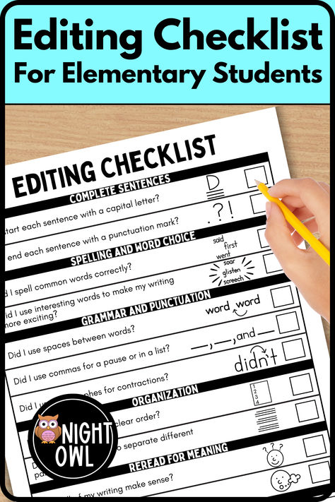 Guide your writing students through the editing process with this easy-to-understand Editing Checklist. Editing Checklist, 2nd Grade Writing, Editing Tool, Elementary Writing, Grammar And Punctuation, Teaching Ela, Word Choice, Editing Writing, Book Talk