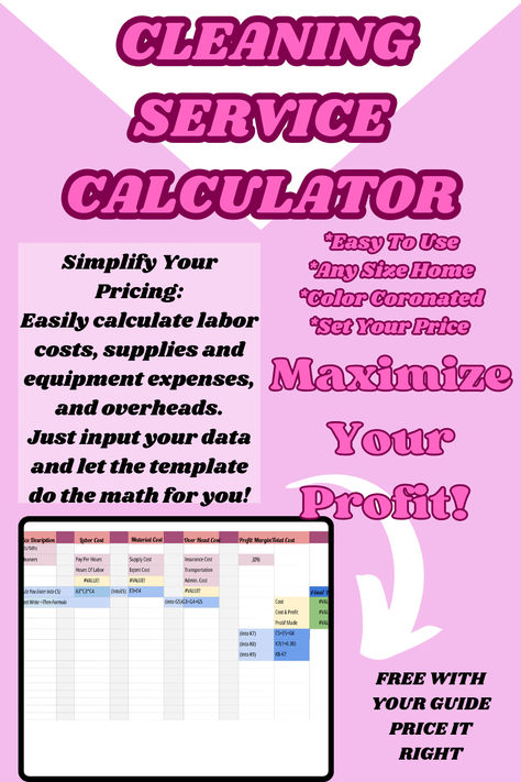 THIS TEMPLATE AUTOMATICLY CACULATES YOUR SERVICE PRICING PROFIT Cleaning Services Prices, Profit Margin, Pricing Templates, Business Book, Small Business Resources, House Cleaning Checklist, Business Essentials, Cleaning Business, Marketing Skills