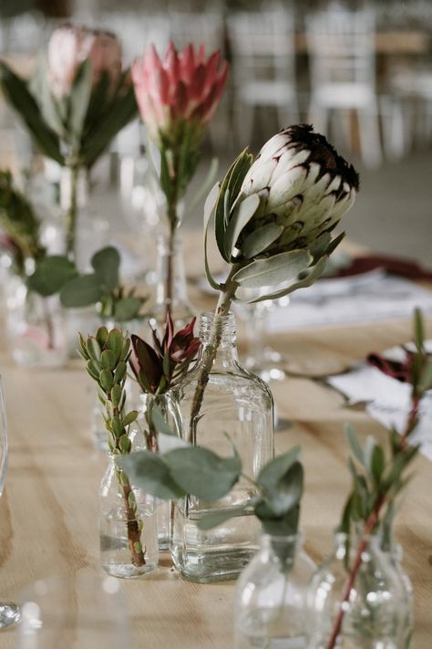 Easy Wedding Centerpieces, Cheap Wedding Table Centerpieces, Protea Wedding, Beautiful Wedding Centerpiece, Easy Wedding, Tafel Decor, Protea Flower, Unique Wedding Flowers, Wedding Floral Centerpieces