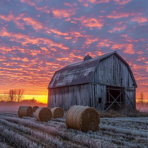 Sunrise Barn Scene: A stunning sunrise featuring a rustic barn surrounded by hay bales under a vibrant, fiery sky. #sunrise #barn #hay #bales #sky #aiart #aiphoto #stockcake ⬇️ Download and 📝 Prompt 👉 https://stockcake.com/i/sunrise-barn-scene_837701_858116 Hay Bale Pictures, Sunrise City, Barn Photography, Sky Sunrise, Barn Pictures, Country Barns, Hay Bales, Scene Image, Country Church