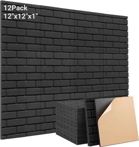 Kuchoow Self Adhesive Acoustic Panels 12 Pack Sound Absorbing Noise Cancelling Wall Panels for Studio/Living Room/Bedroom Soundproofing(1" X 12" X 12",Brick) Noise Cancelling Wall, Studio Living Room, Soundproof Wall, Sound Panel, Foam Panels, Black Brick, Studio Living, Sound Absorbing, Black Panels