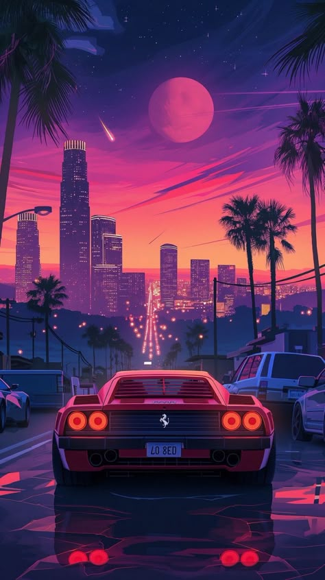 Cool Car Backgrounds, Pixel Art Landscape, Red Sports Car, Vaporwave Wallpaper, Spiderman Art Sketch, Futuristic Aesthetic, New Retro Wave, Phone Screen Wallpaper, Tutorials Drawing