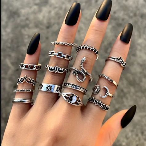 16 Pcs Styles Rings. Many Designs, Characters, And Symbols Fits For Different Fingers. Changes Daily Wear. No Worries It Comes With Travel Jewelry Box. Ready For Your Jewelry Collection. Gothic Butterfly, Skeleton Ring, Retro Punk, Heart Chain, Vintage Punk, Vintage Gothic, Skull Ring, Chain Ring, Types Of Rings