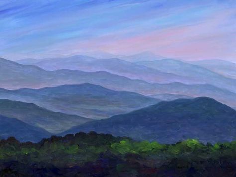 Blue Ridge Mountains Art, Mountain Painting Acrylic, Landscape Oil Paintings, Landscape Art Prints, Sunrise Painting, Colorful Mountains, Mountain Canvas, River Art, Landscape Paintings Acrylic