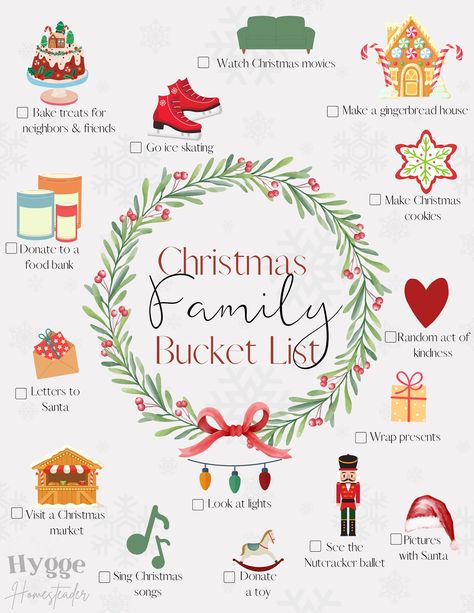 "Make the most of the holiday season with this Family Christmas Bucket List! The printable 8.5\"x11\" list is perfect for hanging on the fridge for the whole family to see and get excited for holiday fun. *This is a digital download, no physical item will be sent." Toddler Christmas Bucket List, Family Christmas Bucket List, Christmas Bucket List For Toddlers, Christmas Family Bucket List, Family Christmas Traditions To Start, Small Family Christmas Ideas, Christmas Bucket List Family, Family Christmas Themes, Christmas Bucket List For Kids