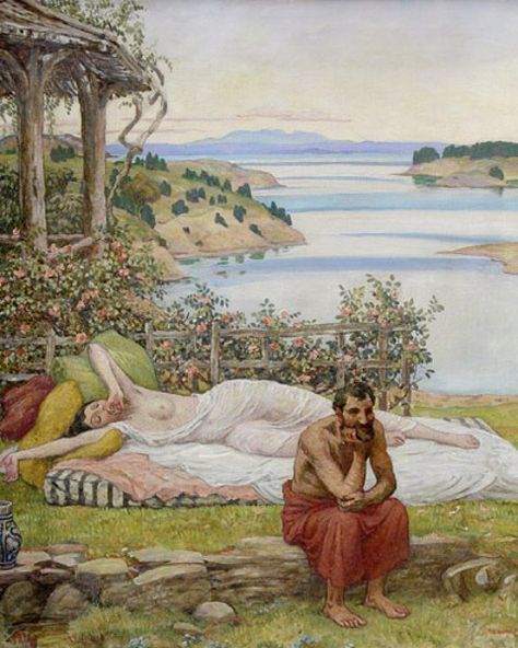 Odysseus on Calypso's Island by Bryson Burroughs (1869 – 1934, American) Odysseus And Calypso, Calypso And Odysseus, Calypso Greek Mythology, Calypso The Odyssey, Diomedes And Odysseus, Calypso Island, References Drawings, Odysseus And Telemachus, Women In Greek Mythology