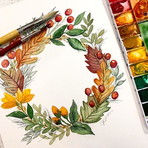 Watercolor Fall Wreath, Fall Watercolor Flowers, Watercolor Thanksgiving Cards, Thanksgiving Watercolor Cards, Fall Watercolor Ideas, November Watercolor, Autumn Watercolor Paintings, Fall Watercolor Art, Fall Watercolor Paintings