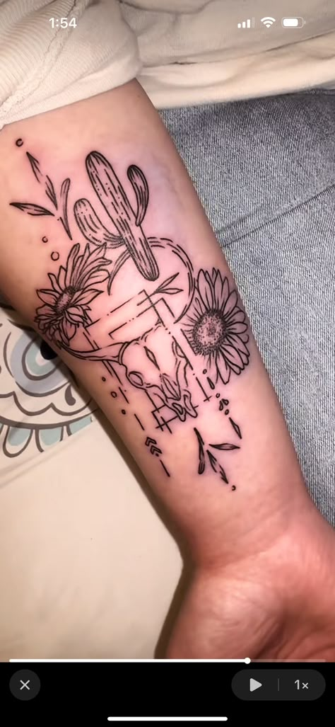 Pretty Vintage Tattoos, Punchy Women Tattoos, Cactus And Floral Tattoo, Western Scroll Tattoo, Country Tattoos For Men Forearm, Western Tattoo Sleeve Women, Western Knee Tattoo, Western Themed Tattoos, Western Patchwork Tattoo Sleeve